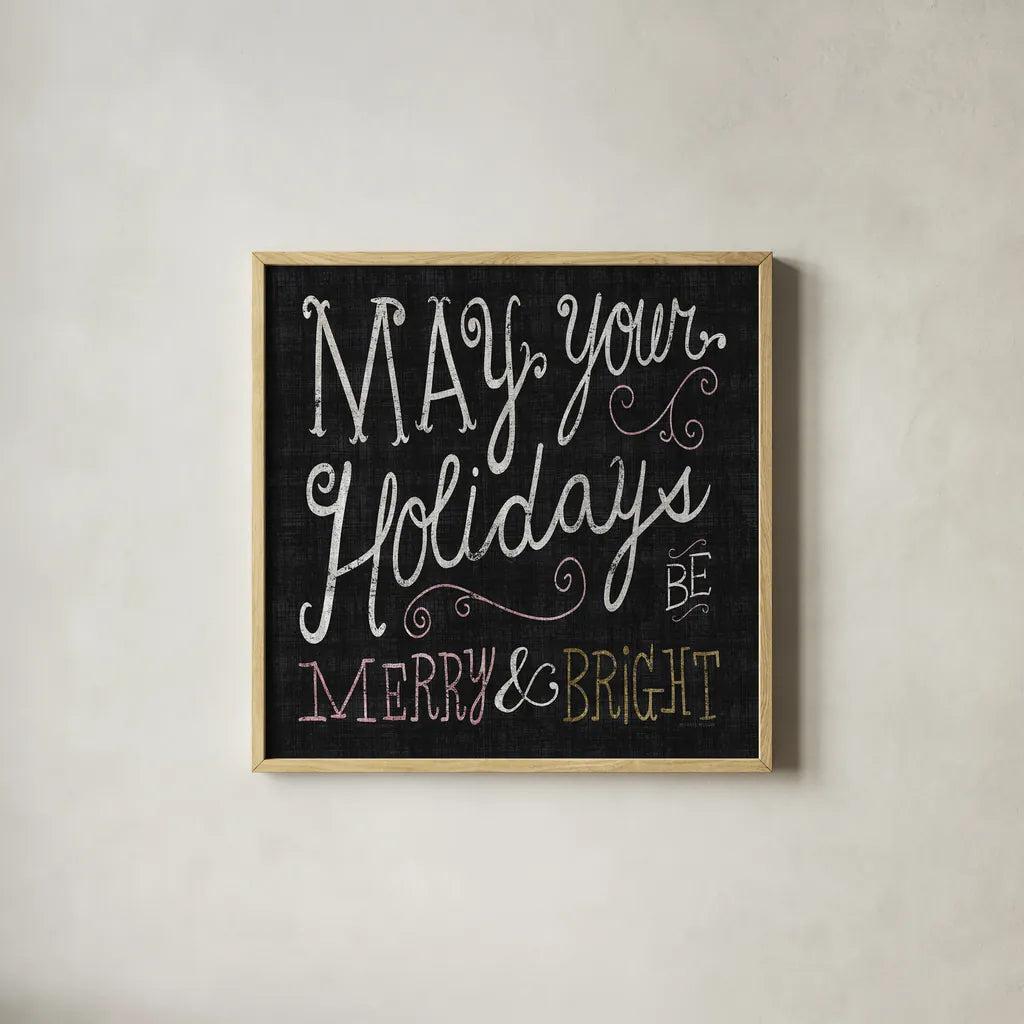 Quirky Christmas Merry and Bright Metallic by Michael Mullan. Shown in a natural wood glass frame for a timeless modern aesthetic. Available as an archival giclee rolled canvas, fine art paper, or poster print. SKU 50313a.