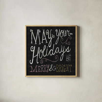 Quirky Christmas Merry and Bright Metallic by Michael Mullan. Shown in a natural wood glass frame for a timeless modern aesthetic. Available as an archival giclee rolled canvas, fine art paper, or poster print. SKU 50313a.