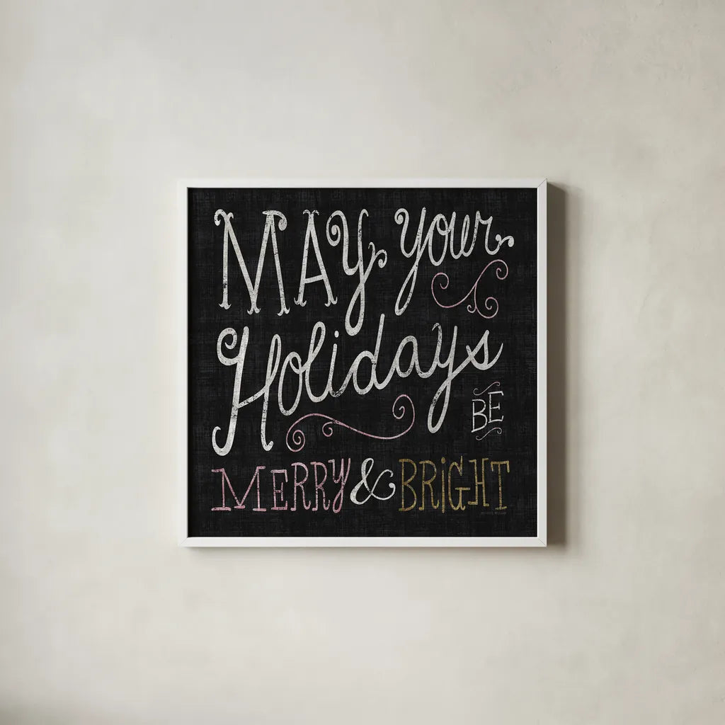 Quirky Christmas Merry and Bright Metallic by Michael Mullan. Shown in a crisp white glass frame for a clean and minimalist style. Available as an archival giclee rolled canvas, fine art paper, or poster print. SKU 50313a.
