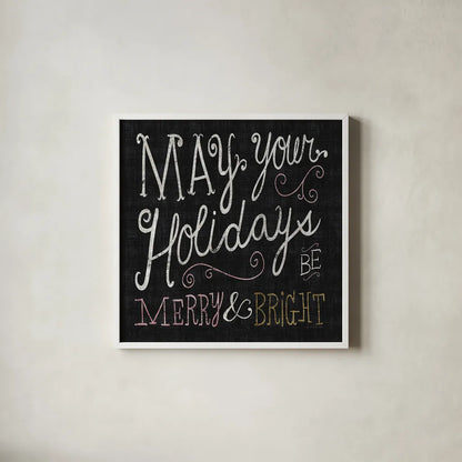 Quirky Christmas Merry and Bright Metallic by Michael Mullan. Shown in a crisp white glass frame for a clean and minimalist style. Available as an archival giclee rolled canvas, fine art paper, or poster print. SKU 50313a.