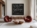Quirky Christmas Merry and Bright Metallic by Michael Mullan. Shown as extra-large giant wall art in a modern living room. Available as an archival giclee rolled canvas, fine art paper, or poster print. SKU 50313a.