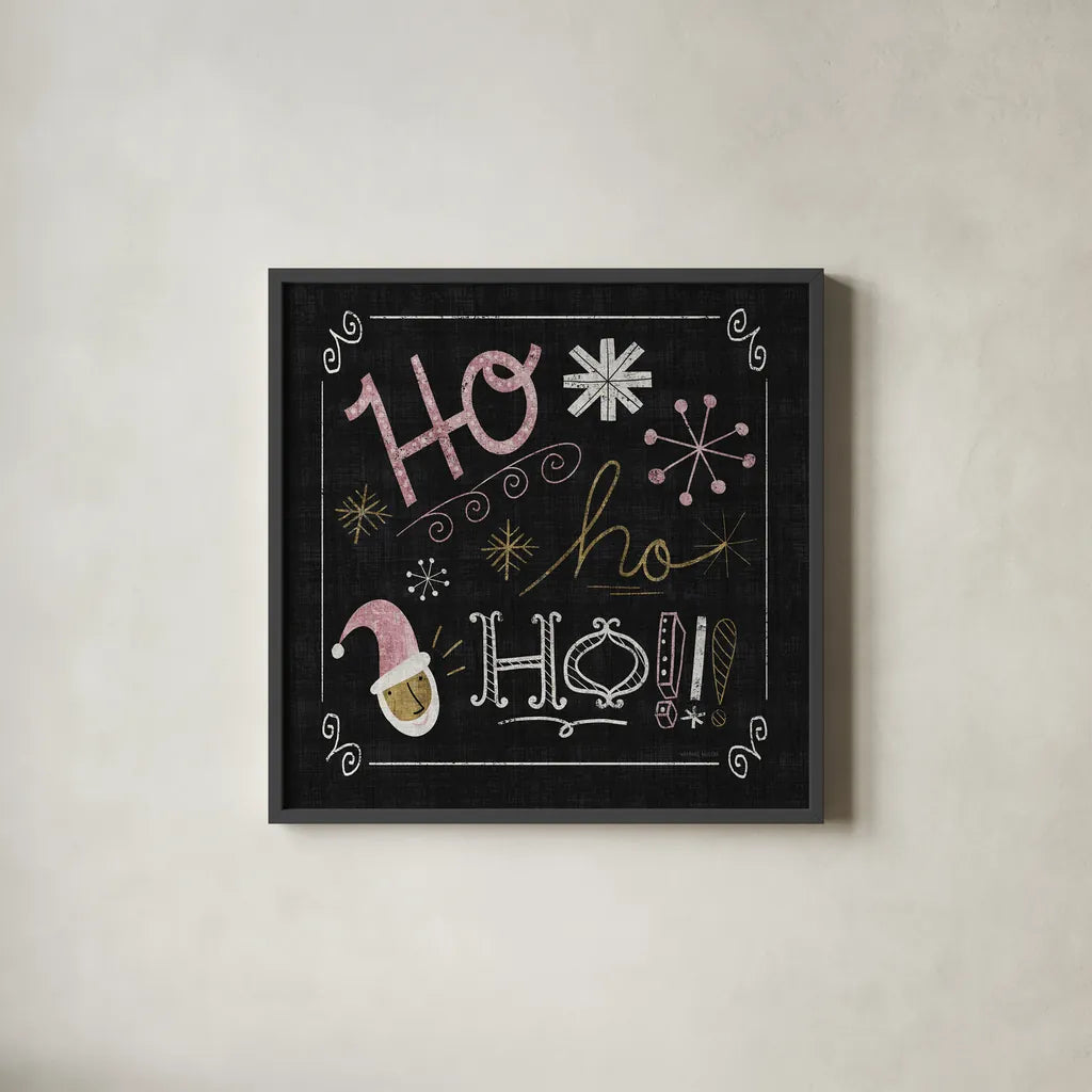 Quirky Christmas Santa Metallic by Michael Mullan. Shown in a sleek black glass frame for a contemporary gallery look. Available as an archival giclee rolled canvas, fine art paper, or poster print. SKU 50312a.