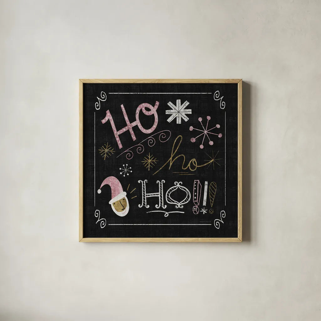 Quirky Christmas Santa Metallic by Michael Mullan. Shown in a natural wood glass frame for a timeless modern aesthetic. Available as an archival giclee rolled canvas, fine art paper, or poster print. SKU 50312a.