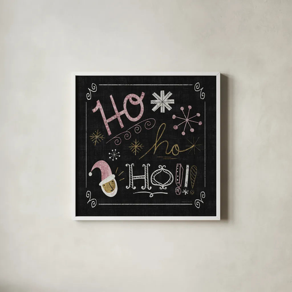 Quirky Christmas Santa Metallic by Michael Mullan. Shown in a crisp white glass frame for a clean and minimalist style. Available as an archival giclee rolled canvas, fine art paper, or poster print. SKU 50312a.