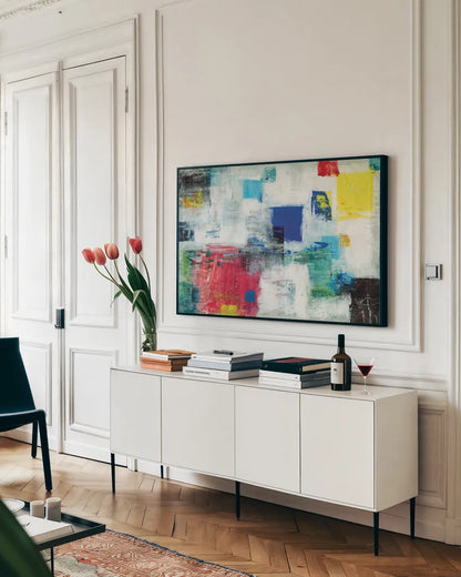 Radiance by Michael Mullan. shown as a framed stretched canvas in a living room above a console. Available as a archival giclee rolled canvas, fine art paper, or poster print. SKU 25827i.