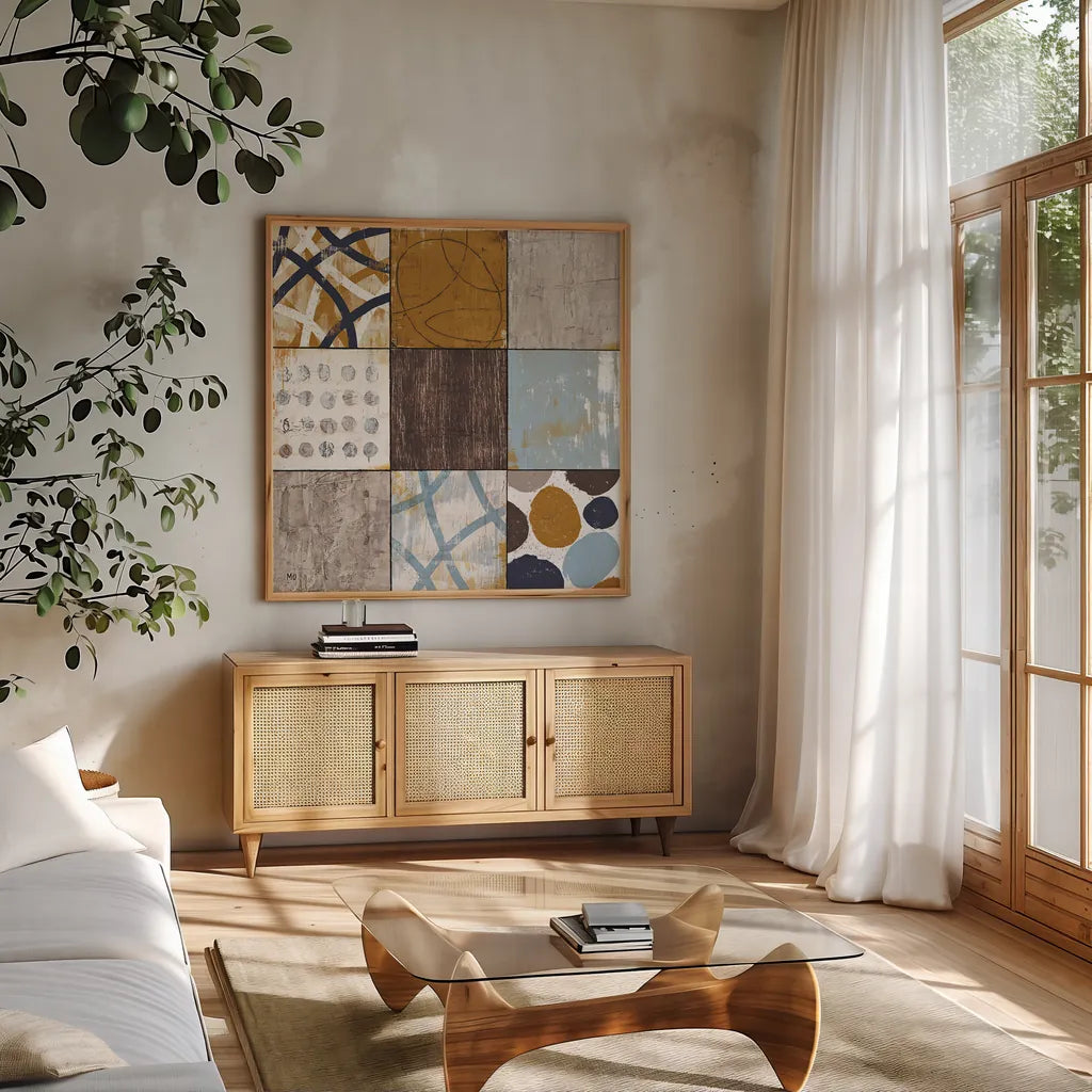 Raw Sienna II by Michael Mullan. Shown in a natural wood frame in a cozy modern living room. Available as an archival giclee rolled canvas, fine art paper, or poster print. SKU 1809a.