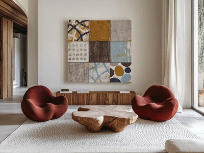 Raw Sienna II by Michael Mullan. Shown as extra-large giant wall art in a modern living room. Available as an archival giclee rolled canvas, fine art paper, or poster print. SKU 1809a.