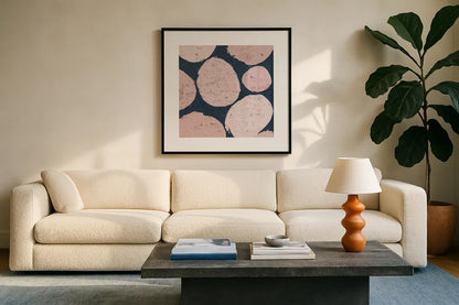 Raw Sienna IX Pink by Michael Mullan. Displayed in a glass frame with matte in a clean modern living room. Available as an archival giclee rolled canvas, fine art paper, or poster print. SKU 53729a.