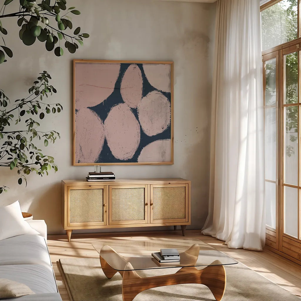 Raw Sienna XII Pink by Michael Mullan. Shown in a natural wood frame in a cozy modern living room. Available as an archival giclee rolled canvas, fine art paper, or poster print. SKU 53730a.