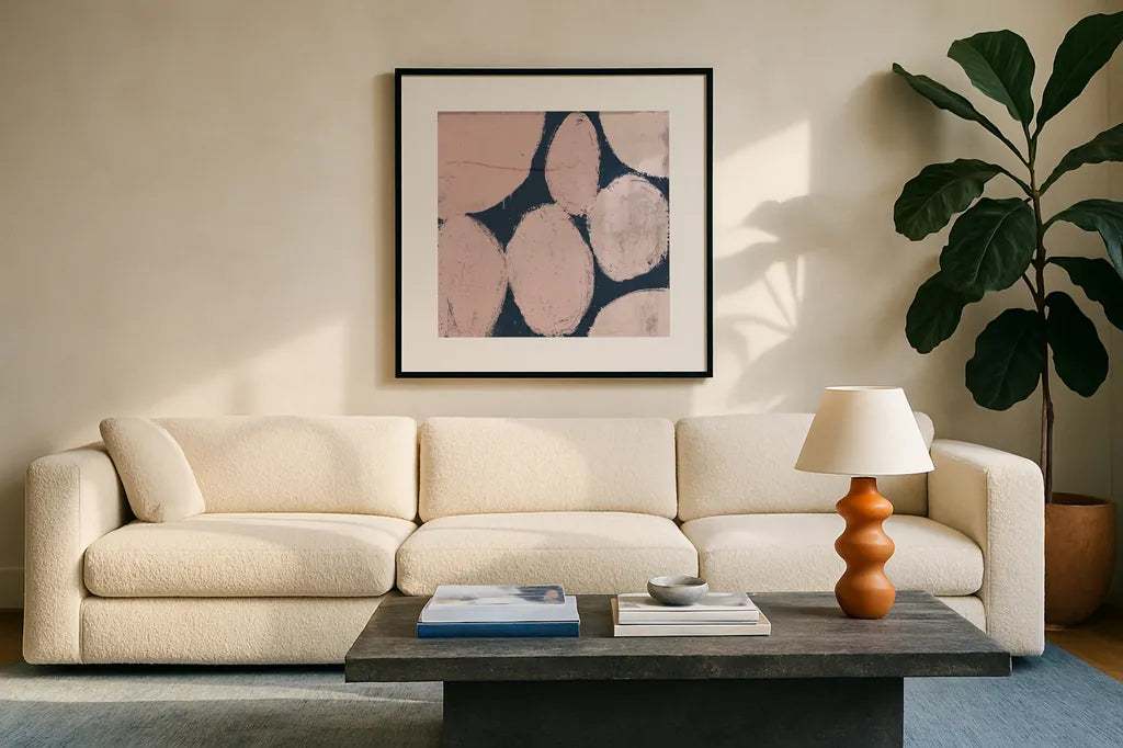 Raw Sienna XII Pink by Michael Mullan. Displayed in a glass frame with matte in a clean modern living room. Available as an archival giclee rolled canvas, fine art paper, or poster print. SKU 53730a.
