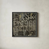 Restaurant Sign I by Michael Mullan. Shown in a sleek black glass frame for a contemporary gallery look. Available as an archival giclee rolled canvas, fine art paper, or poster print. SKU 13412a.