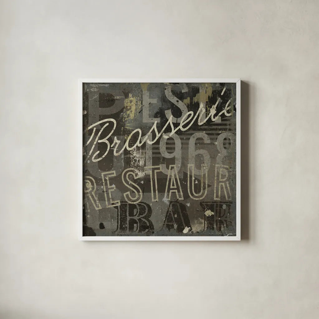 Restaurant Sign I by Michael Mullan. Shown in a crisp white glass frame for a clean and minimalist style. Available as an archival giclee rolled canvas, fine art paper, or poster print. SKU 13412a.