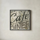 Restaurant Sign II by Michael Mullan. Shown in a sleek black glass frame for a contemporary gallery look. Available as an archival giclee rolled canvas, fine art paper, or poster print. SKU 13413a.