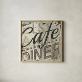 Restaurant Sign II by Michael Mullan. Shown in a natural wood glass frame for a timeless modern aesthetic. Available as an archival giclee rolled canvas, fine art paper, or poster print. SKU 13413a.