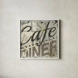 Restaurant Sign II by Michael Mullan. Shown in a crisp white glass frame for a clean and minimalist style. Available as an archival giclee rolled canvas, fine art paper, or poster print. SKU 13413a.