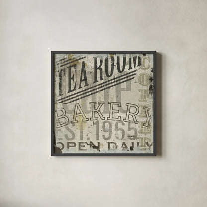 Restaurant Sign III by Michael Mullan. Shown in a sleek black glass frame for a contemporary gallery look. Available as an archival giclee rolled canvas, fine art paper, or poster print. SKU 51284a.