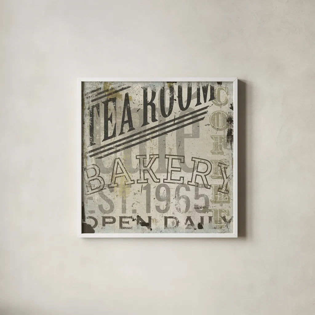 Restaurant Sign III by Michael Mullan. Shown in a crisp white glass frame for a clean and minimalist style. Available as an archival giclee rolled canvas, fine art paper, or poster print. SKU 51284a.