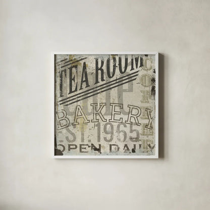 Restaurant Sign III by Michael Mullan. Shown in a crisp white glass frame for a clean and minimalist style. Available as an archival giclee rolled canvas, fine art paper, or poster print. SKU 51284a.