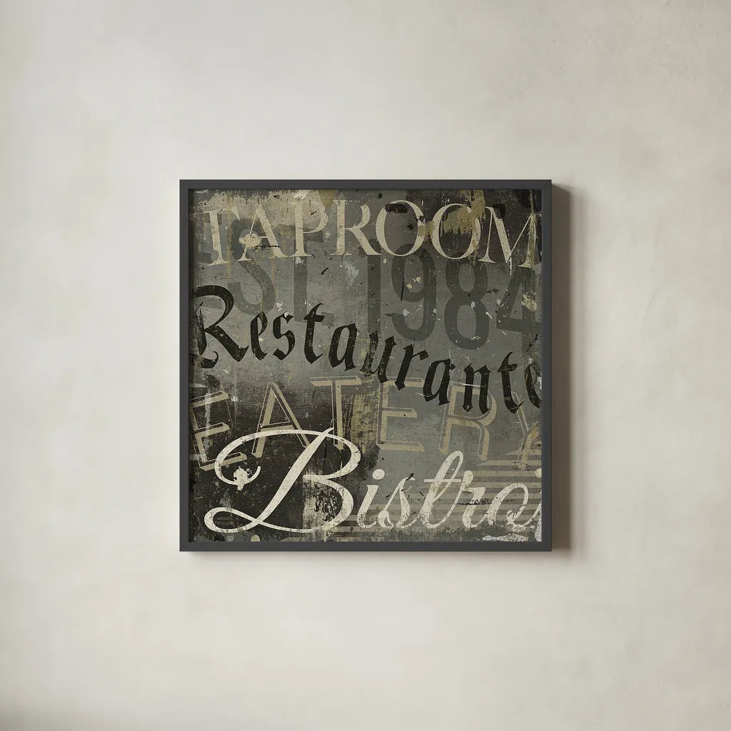 Restaurant Sign IV by Michael Mullan. Shown in a sleek black glass frame for a contemporary gallery look. Available as an archival giclee rolled canvas, fine art paper, or poster print. SKU 51285a.