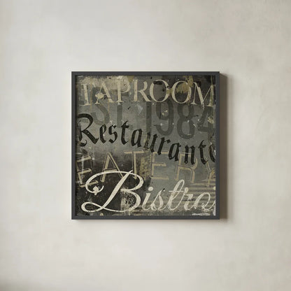 Restaurant Sign IV by Michael Mullan. Shown in a sleek black glass frame for a contemporary gallery look. Available as an archival giclee rolled canvas, fine art paper, or poster print. SKU 51285a.