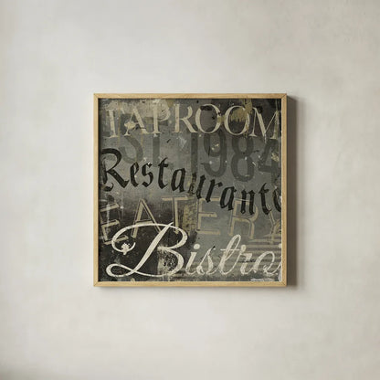 Restaurant Sign IV by Michael Mullan. Shown in a natural wood glass frame for a timeless modern aesthetic. Available as an archival giclee rolled canvas, fine art paper, or poster print. SKU 51285a.
