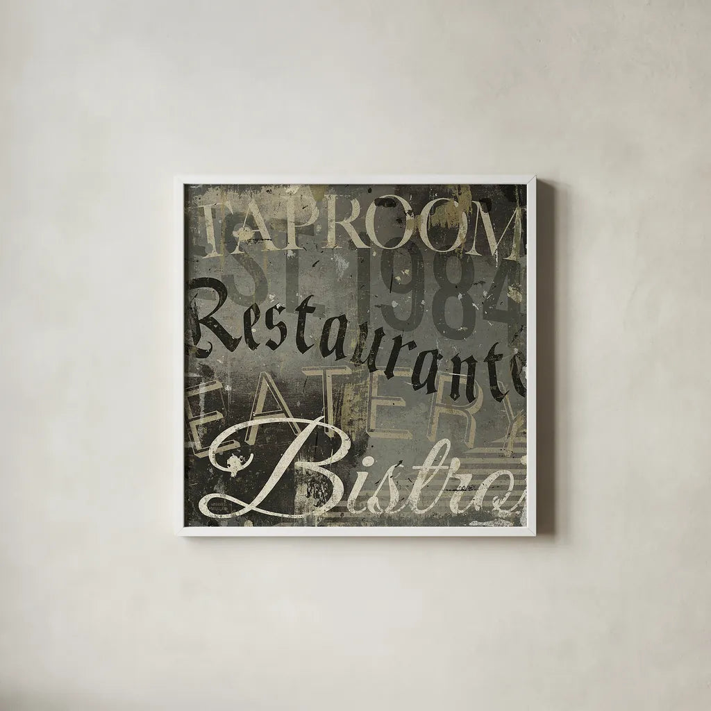 Restaurant Sign IV by Michael Mullan. Shown in a crisp white glass frame for a clean and minimalist style. Available as an archival giclee rolled canvas, fine art paper, or poster print. SKU 51285a.