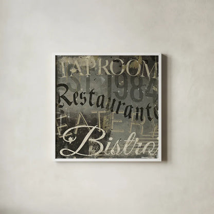 Restaurant Sign IV by Michael Mullan. Shown in a crisp white glass frame for a clean and minimalist style. Available as an archival giclee rolled canvas, fine art paper, or poster print. SKU 51285a.