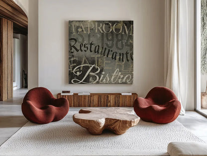 Restaurant Sign IV by Michael Mullan. Shown as extra-large giant wall art in a modern living room. Available as an archival giclee rolled canvas, fine art paper, or poster print. SKU 51285a.