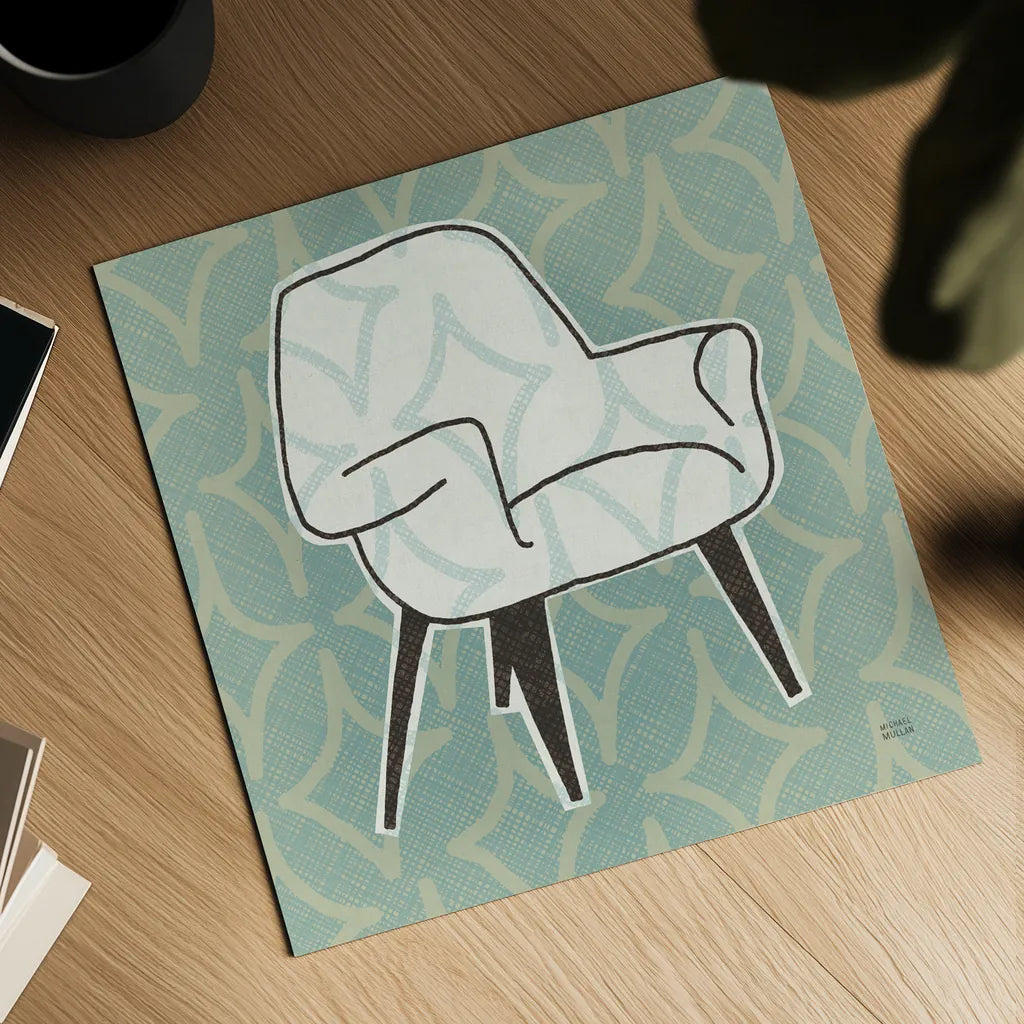 Retro Chair I by Michael Mullan. Shown as a detailed flat fine art print, highlighting archival giclee quality. Available as an archival giclee rolled canvas, fine art paper, or poster print. SKU 50768a.