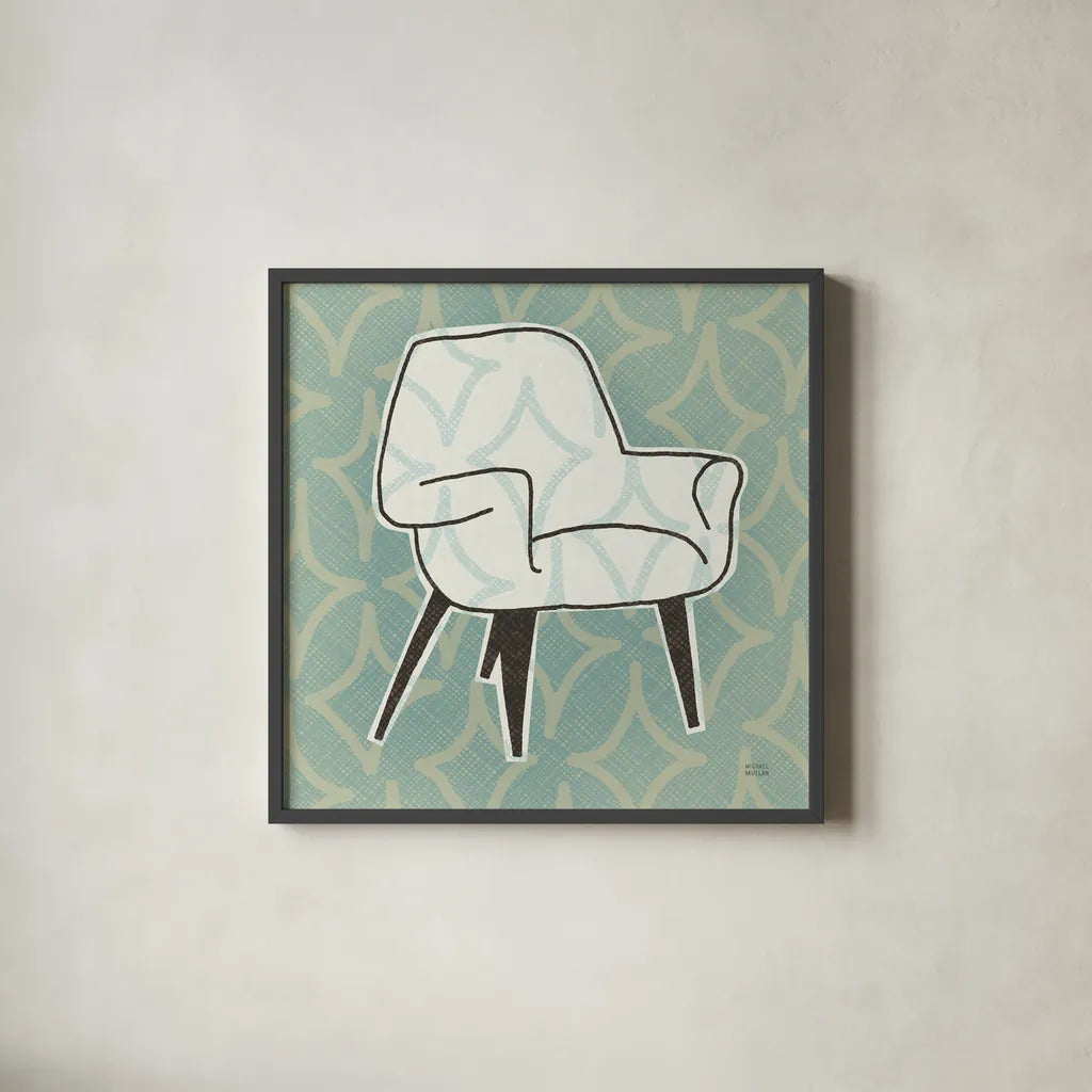 Retro Chair I by Michael Mullan. Shown in a sleek black glass frame for a contemporary gallery look. Available as an archival giclee rolled canvas, fine art paper, or poster print. SKU 50768a.