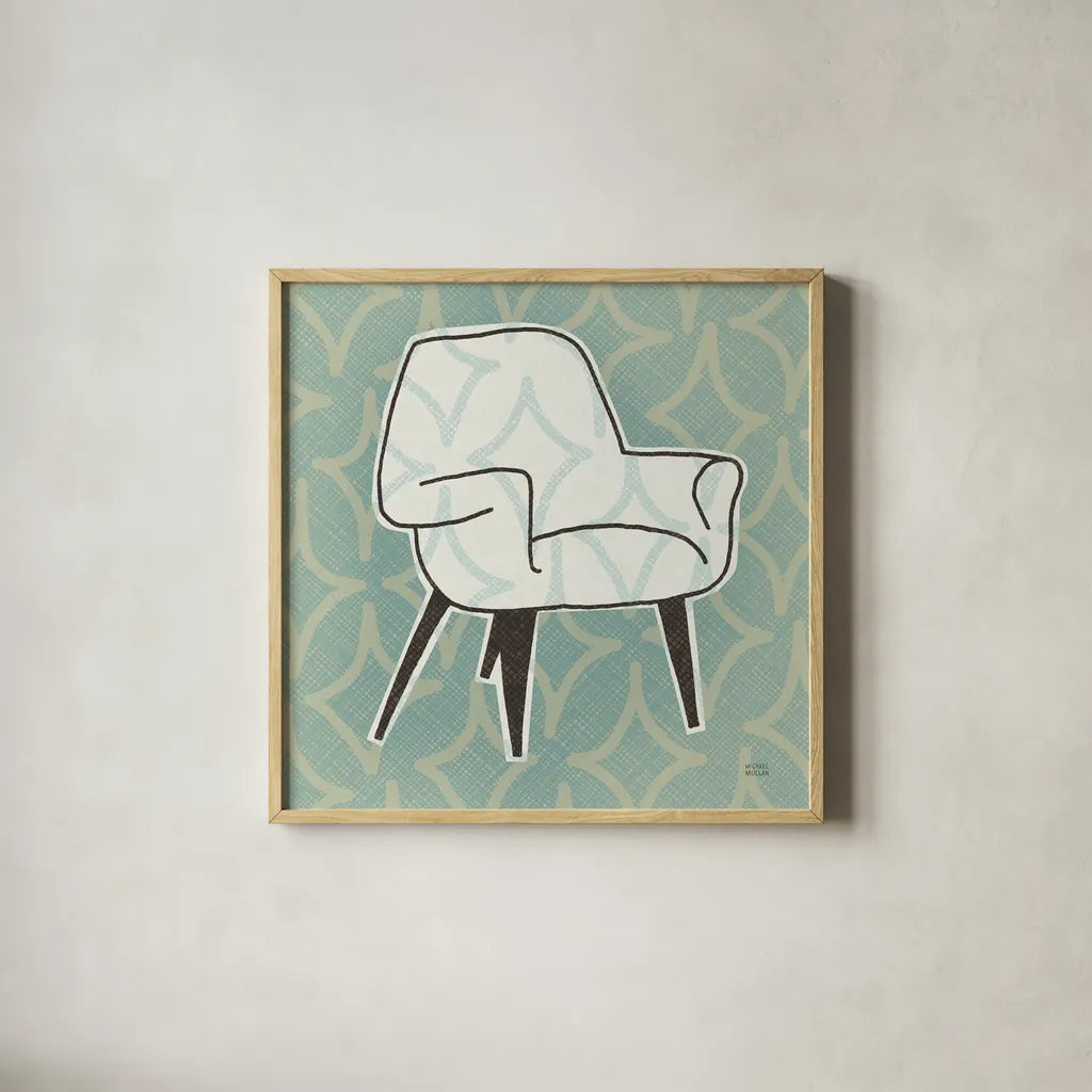 Retro Chair I by Michael Mullan. Shown in a natural wood glass frame for a timeless modern aesthetic. Available as an archival giclee rolled canvas, fine art paper, or poster print. SKU 50768a.