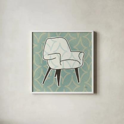 Retro Chair I by Michael Mullan. Shown in a crisp white glass frame for a clean and minimalist style. Available as an archival giclee rolled canvas, fine art paper, or poster print. SKU 50768a.