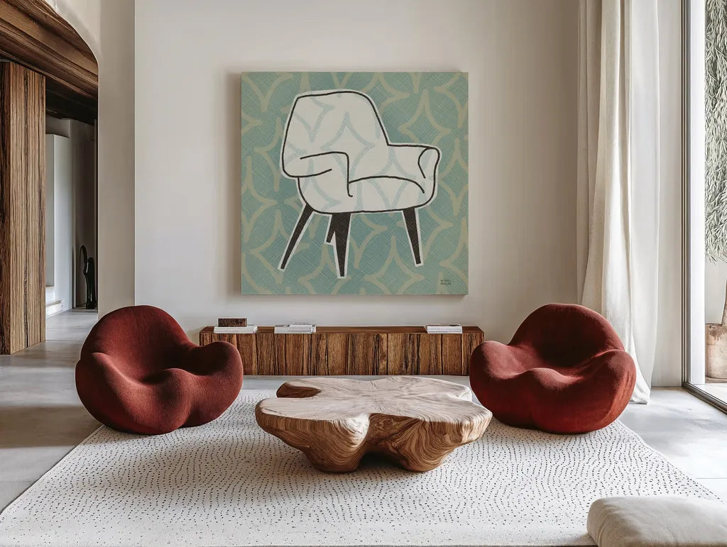 Retro Chair I by Michael Mullan. Shown as extra-large giant wall art in a modern living room. Available as an archival giclee rolled canvas, fine art paper, or poster print. SKU 50768a.