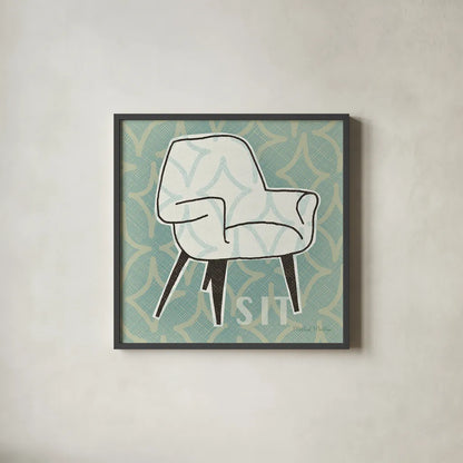 Retro Chair I Sit by Michael Mullan. Shown in a sleek black glass frame for a contemporary gallery look. Available as an archival giclee rolled canvas, fine art paper, or poster print. SKU 27879a.