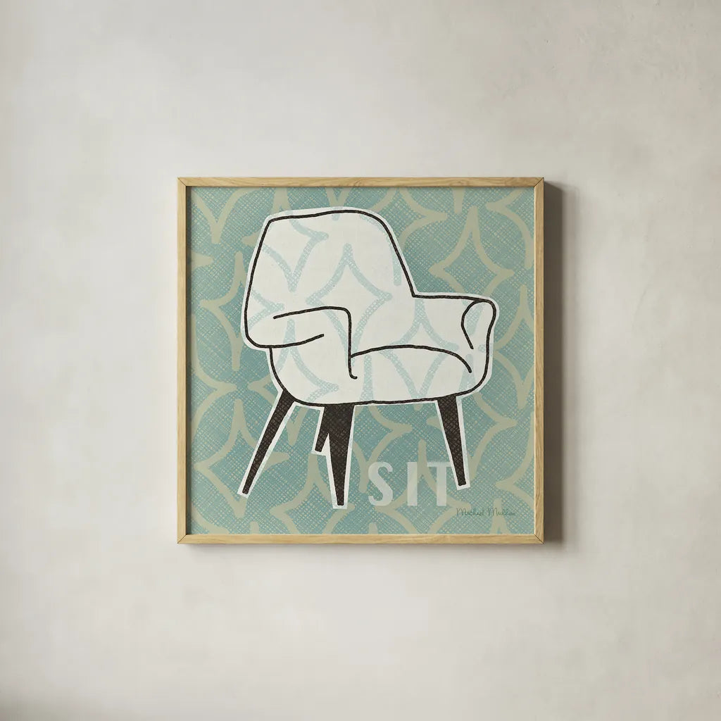 Retro Chair I Sit by Michael Mullan. Shown in a natural wood glass frame for a timeless modern aesthetic. Available as an archival giclee rolled canvas, fine art paper, or poster print. SKU 27879a.