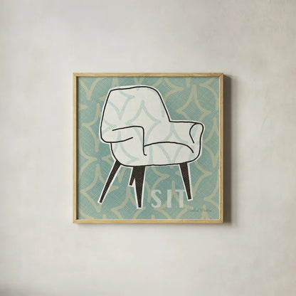 Retro Chair I Sit by Michael Mullan. Shown in a natural wood glass frame for a timeless modern aesthetic. Available as an archival giclee rolled canvas, fine art paper, or poster print. SKU 27879a.