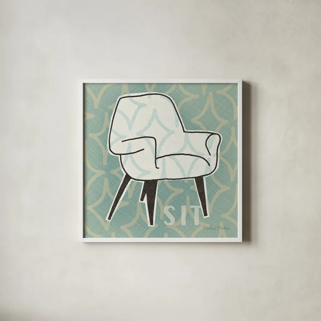 Retro Chair I Sit by Michael Mullan. Shown in a crisp white glass frame for a clean and minimalist style. Available as an archival giclee rolled canvas, fine art paper, or poster print. SKU 27879a.