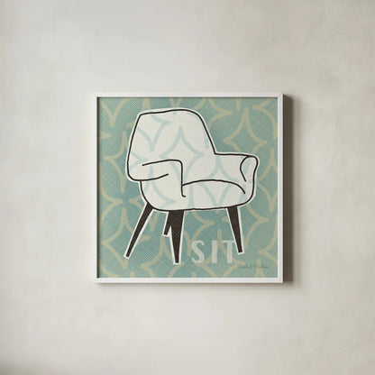 Retro Chair I Sit by Michael Mullan. Shown in a crisp white glass frame for a clean and minimalist style. Available as an archival giclee rolled canvas, fine art paper, or poster print. SKU 27879a.