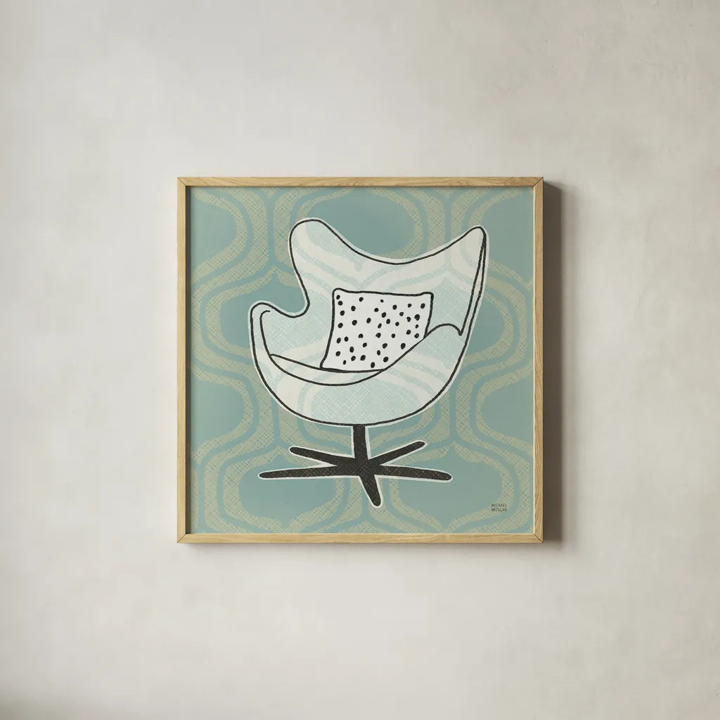 Retro Chair II by Michael Mullan. Shown in a natural wood glass frame for a timeless modern aesthetic. Available as an archival giclee rolled canvas, fine art paper, or poster print. SKU 50769a.