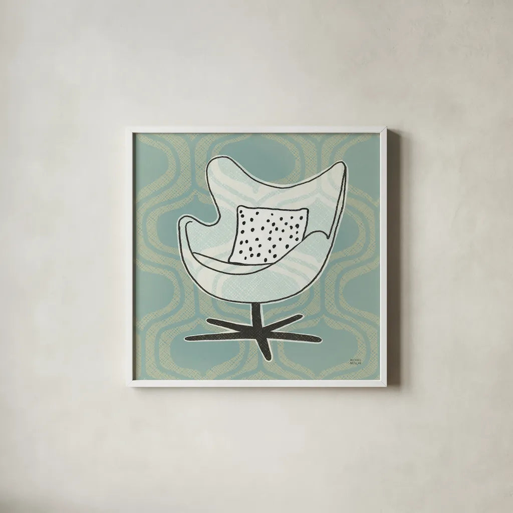 Retro Chair II by Michael Mullan. Shown in a crisp white glass frame for a clean and minimalist style. Available as an archival giclee rolled canvas, fine art paper, or poster print. SKU 50769a.