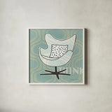 Retro Chair II Think by Michael Mullan. Shown in a crisp white glass frame for a clean and minimalist style. Available as an archival giclee rolled canvas, fine art paper, or poster print. SKU 27880a.