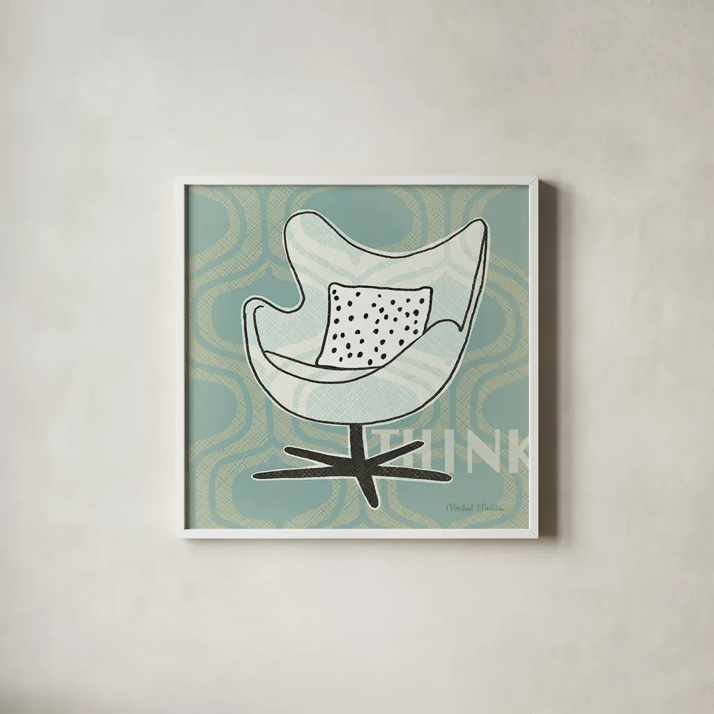 Retro Chair II Think by Michael Mullan. Shown in a crisp white glass frame for a clean and minimalist style. Available as an archival giclee rolled canvas, fine art paper, or poster print. SKU 27880a.
