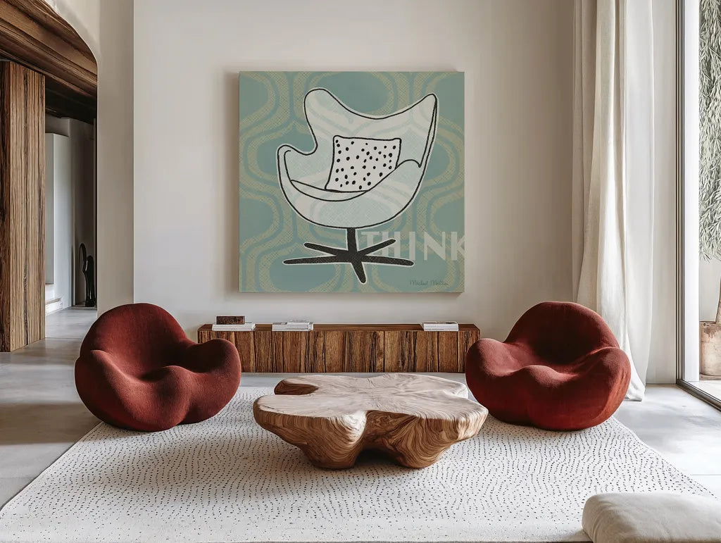 Retro Chair II Think by Michael Mullan. Shown as extra-large giant wall art in a modern living room. Available as an archival giclee rolled canvas, fine art paper, or poster print. SKU 27880a.