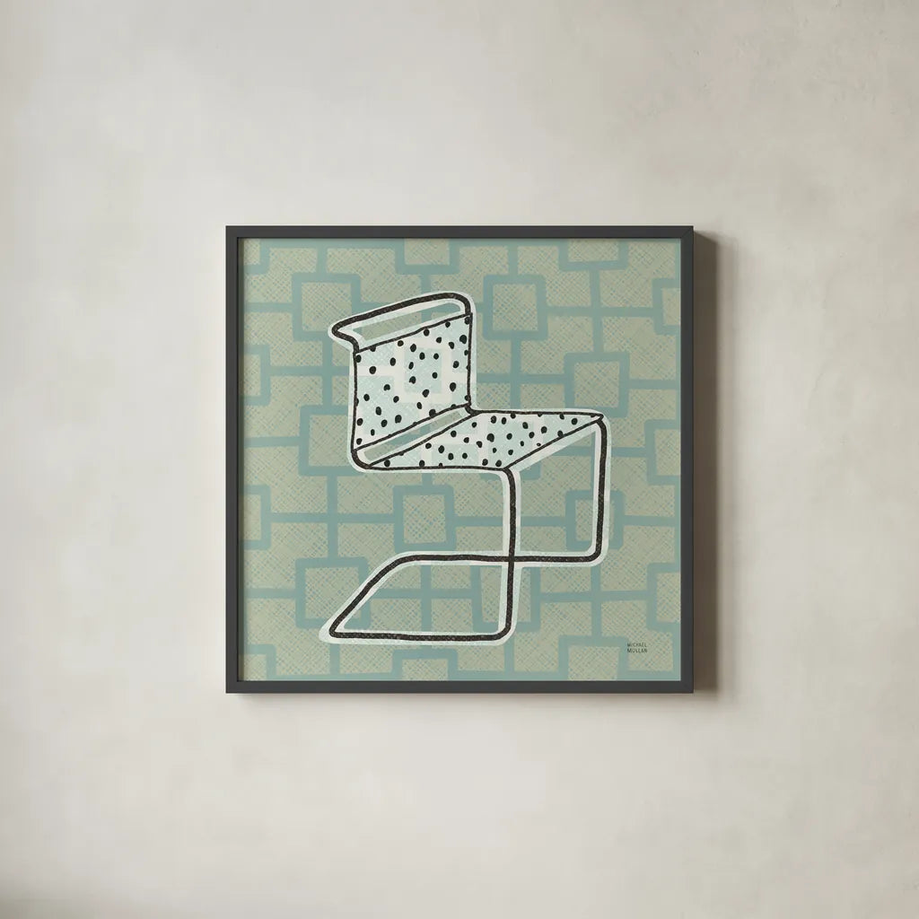 Retro Chair III by Michael Mullan. Shown in a sleek black glass frame for a contemporary gallery look. Available as an archival giclee rolled canvas, fine art paper, or poster print. SKU 50770a.