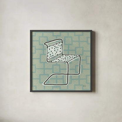 Retro Chair III by Michael Mullan. Shown in a sleek black glass frame for a contemporary gallery look. Available as an archival giclee rolled canvas, fine art paper, or poster print. SKU 50770a.