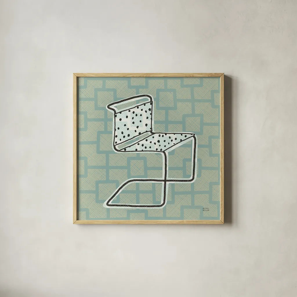 Retro Chair III by Michael Mullan. Shown in a natural wood glass frame for a timeless modern aesthetic. Available as an archival giclee rolled canvas, fine art paper, or poster print. SKU 50770a.