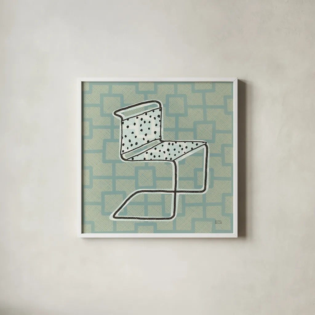 Retro Chair III by Michael Mullan. Shown in a crisp white glass frame for a clean and minimalist style. Available as an archival giclee rolled canvas, fine art paper, or poster print. SKU 50770a.