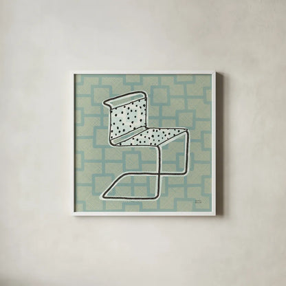 Retro Chair III by Michael Mullan. Shown in a crisp white glass frame for a clean and minimalist style. Available as an archival giclee rolled canvas, fine art paper, or poster print. SKU 50770a.