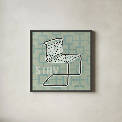 Retro Chair III Stay by Michael Mullan. Shown in a sleek black glass frame for a contemporary gallery look. Available as an archival giclee rolled canvas, fine art paper, or poster print. SKU 27881a.