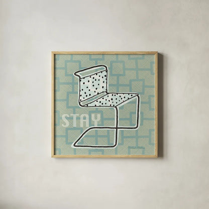 Retro Chair III Stay by Michael Mullan. Shown in a natural wood glass frame for a timeless modern aesthetic. Available as an archival giclee rolled canvas, fine art paper, or poster print. SKU 27881a.